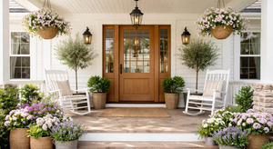 Charming front porch with rocking chairs, hanging flower baskets, and potted greenery