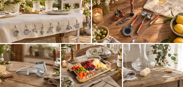 Best Brushes dinner party hosting tools arranged on a rustic farmhouse table with bamboo serving boards, cheese grater, bar tools, and decanter brush.