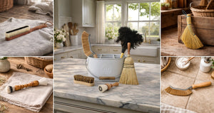 Collage of natural household brushes for different cleaning jobs, including clothes brushes, dusters, hand brooms, scrub brushes, and specialty cleaning brushes arranged in a bright kitchen and rustic home settings.