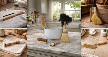 Collage of natural household brushes for different cleaning jobs, including clothes brushes, dusters, hand brooms, scrub brushes, and specialty cleaning brushes arranged in a bright kitchen and rustic home settings.