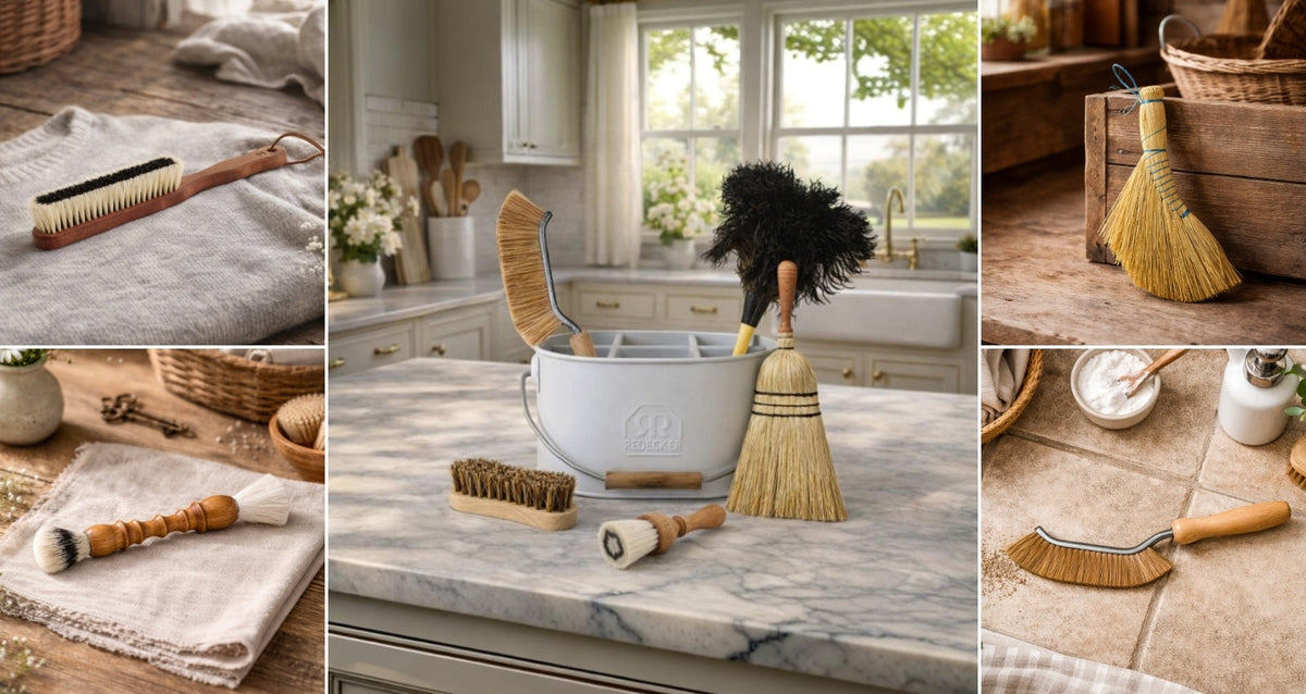 Collage of natural household brushes for different cleaning jobs, including clothes brushes, dusters, hand brooms, scrub brushes, and specialty cleaning brushes arranged in a bright kitchen and rustic home settings.