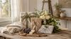 Heirloom housewarming and wedding gifts with wrapped presents, cream bouquet, wool throw, and charcuterie board on a rustic farmhouse table.