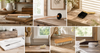 Specialty brush collection with wooden handles and natural bristles arranged on rustic tables for cleaning books, blinds, bottles, coffee equipment, and delicate surfaces