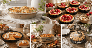Homemade bakeware recipe collage with peach cobbler loaf, raspberry cheesecake tartlets, pumpkin custard tart, savory brunch loaf, and lemon blueberry ricotta cake.