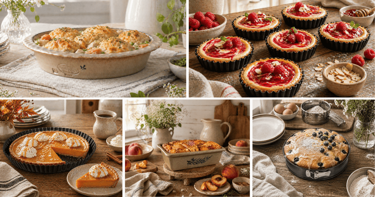 Homemade bakeware recipe collage with peach cobbler loaf, raspberry cheesecake tartlets, pumpkin custard tart, savory brunch loaf, and lemon blueberry ricotta cake.