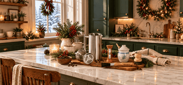 Cozy holiday coffee and tea station featuring a stainless steel French press, wooden tea timer, bumblebee honey pot, and coffee cleaning brushes beside a warm fireplace.