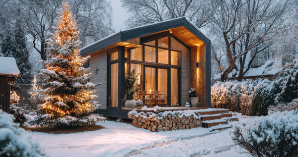 Modern home and snowy garden with a lit Christmas tree, stacked firewood, and evergreens—cozy holiday outdoor scene.