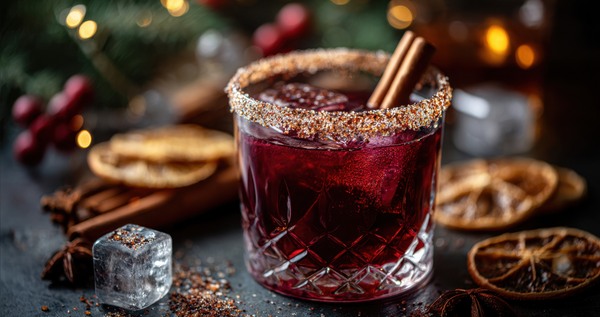 Holiday cocktail in a cut-glass tumbler with a sugared rim and cinnamon stick; festive bokeh and dried citrus in the background.